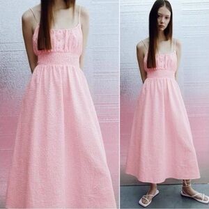 Zara Blogger Favorite Barbiecore Pink Gingham Smocked Midi Dress